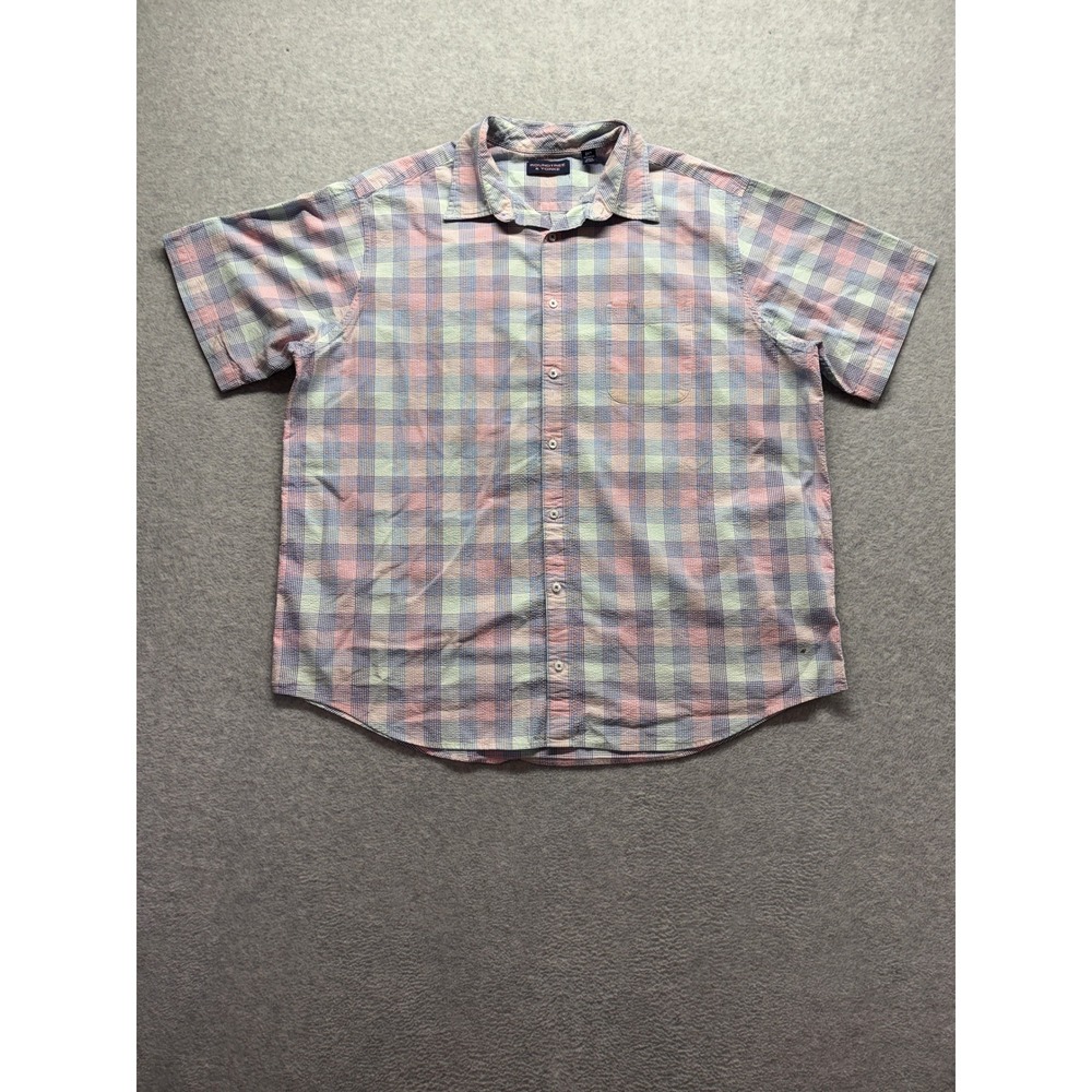 Roundtree & Yorke Mens 2XT Plaid Seersucker Short Sleeve Button Down Shirt Pink